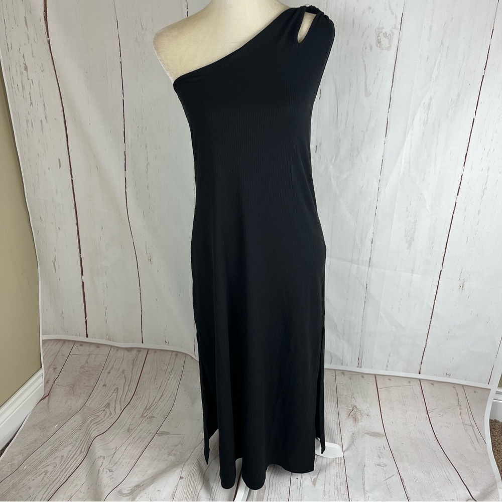 The Drop One shoulder ribbed black midi dress small NWT cutouts slit - Picture 7 of 12